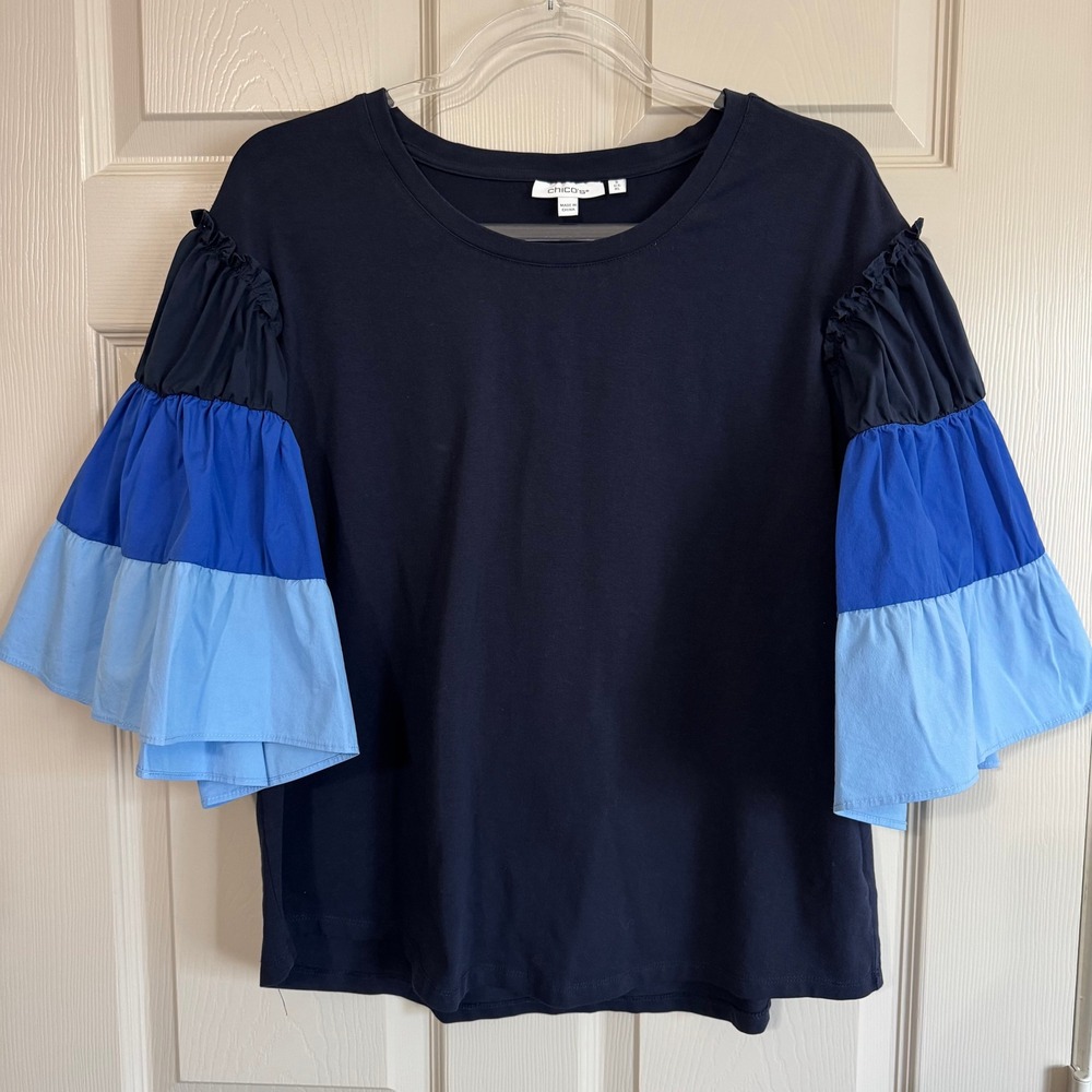 Chico's Navy Blue Colorblock Tiered Bell Sleeve Top Size 3 US XL Cotton Casual